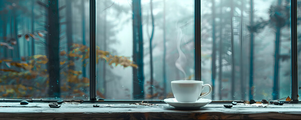 Steaming Coffee Cup by a Rainy Window