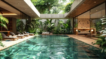 A serene indoor pool surrounded by lush greenery, showcasing a tranquil oasis bathed in natural light. Generative AI