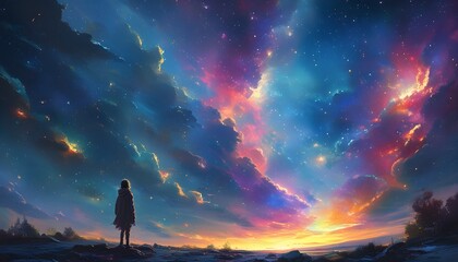 Wall Mural - Contemplative silhouette in awe of a vibrant cosmic landscape with colorful nebulae and sparkling stars