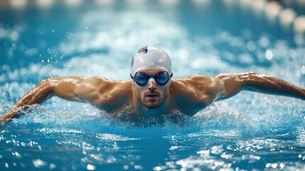 Wall Mural - Professional man swimmer swim using breaststroke technique in swimming pool. Concept of professional sport and competition 