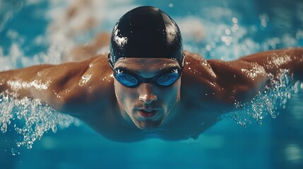 Poster - Professional man swimmer swim using breaststroke technique in swimming pool. Concept of professional sport and competition 