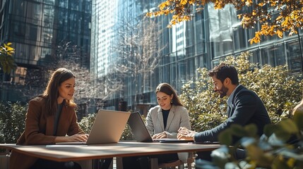 Fototapete - Business people in financial district diverse colleagues working near office building using laptop : Generative AI