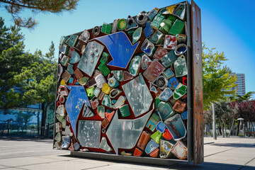  Vibrant outdoor art installation featuring a mosaic of recycled materials, showcasing urban creativity and environmental awareness.