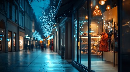 Poster - Blank mock up of store street showcase window in a city at night : Generative AI