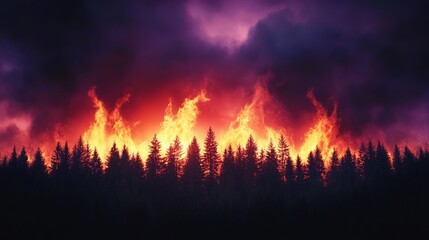 A burning forest with bright red and orange flames, under a swirling purple and black sky, with smoke blending into the clouds