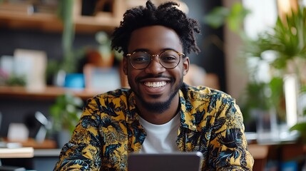 Sticker - Black man smile and laptop in office with smartphone for web design online project and social media Business person corporate and happy working on digital tech for research planning an : Generative AI