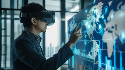 Wall Mural - businessman using virtual reality technology for online trading in modern office, online digital bus