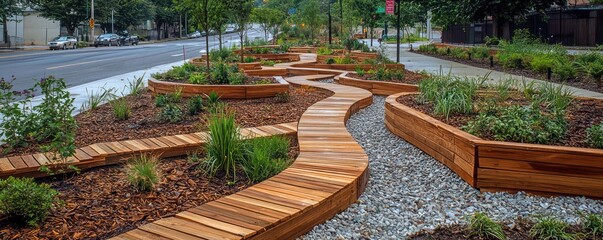 A series of wooden rain gardens in an urban setting, designed to manage stormwater runoff while enhancing the streetscape with natural wood and plant elements