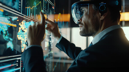 Wall Mural - businessman using virtual reality technology for online trading in modern office, online digital bus
