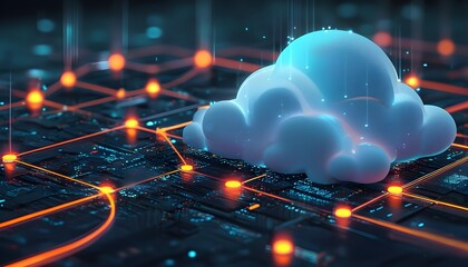 Glowing futuristic cloud symbol connected by digital network, embodying advanced technology and seamless data communication