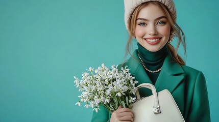 Fashionable happy smiling woman wearing beret elegant green coat turtleneck layered pearl necklace holding trendy white leather purse  with spring bouquet of snowdrops posing on blue b : Generative AI