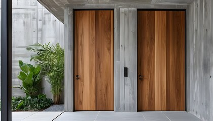 Sticker - Sleek Modern Wooden Door Elegantly Set Against Minimalist Concrete Wall in Contemporary Architecture and Interior Design