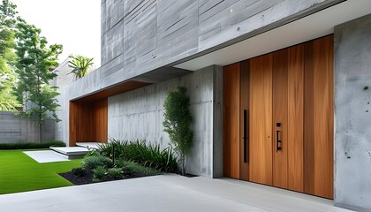 Sticker - Sleek Modern Wooden Door Elegantly Set Against Minimalist Concrete Wall in Contemporary Architecture and Interior Design