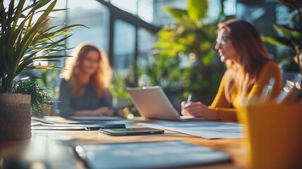 Aufkleber - Business people negotiating a contract discussing contract while working together in sunny modern office unknown businessman and woman with colleagues or lawyers at meeting : Generative AI