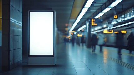 Poster - Blank Billboard Banner Light box in Subway station with blurred people Travel : Generative AI