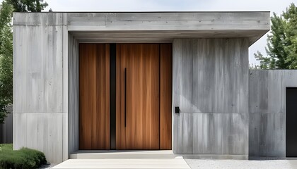 Sticker - Sleek Modern Wooden Door Elegantly Set Against Minimalist Concrete Wall in Contemporary Architecture and Interior Design