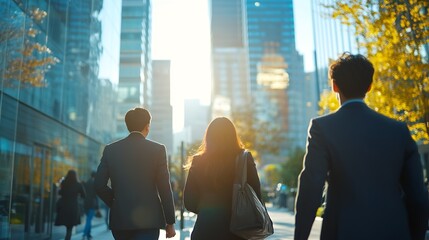 Fototapete - Business people group and conversation in city on walk for commute to workplace with questions by buildings Men woman and employees with bag outdoor and discussion for travel on metro  : Generative AI