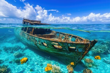 A shipwrecked ship in clear blue tropical waters