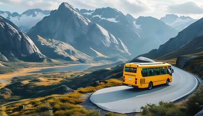 Wall Mural - Vibrant yellow bus navigating winding road amid stunning mountains and serene landscapes, inviting adventure and exploration