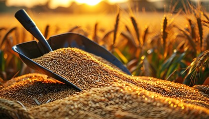 Radiant grains cascading from a scoop, celebrating the beauty of agriculture in the warm embrace of sunrise