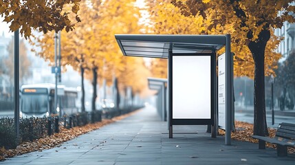 Poster - bus shelter at busstop blank white lightbox empty billboard bus shelter ad glass and aluminum structure transit station urban setting city street background stone sidewalk base for moc : Generative AI