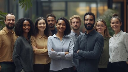 Aufkleber - Multicultural group of business people in a modern office standing together and smiling at the camera They represent a successful startup company with a friendly and creative work envi : Generative AI