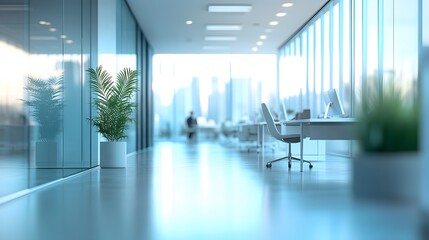 Wall Mural - A bright modern open office space with glass walls, white desks, ergonomic chairs, and natural light from large windows, creating a clean corporate environment with a soft focus effect.