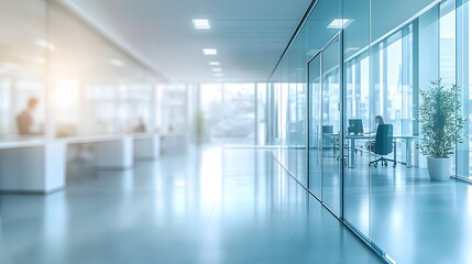 Wall Mural - A bright modern open office space with glass walls, white desks, ergonomic chairs, and natural light from large windows, creating a clean corporate environment with a soft focus effect.