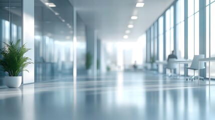Wall Mural - A bright modern open office space with glass walls, white desks, ergonomic chairs, and natural light from large windows, creating a clean corporate environment with a soft focus effect.