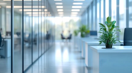 Wall Mural - A bright modern open office space with glass walls, white desks, ergonomic chairs, and natural light from large windows, creating a clean corporate environment with a soft focus effect.