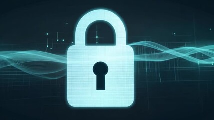 Fototapete - The image features a digital padlock set against a dark background, with flowing abstract patterns illustrating waves of data, highlighting the significance of cybersecurity.
