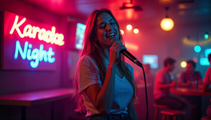 Wall Mural - Vibrant karaoke night in a bar with a young woman passionately singing on stage.






