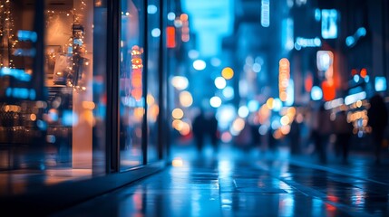 Poster - Blank mock up of store street showcase window in a city at night : Generative AI