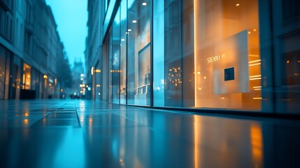 Poster - Blank mock up of store street showcase window in a city at night : Generative AI