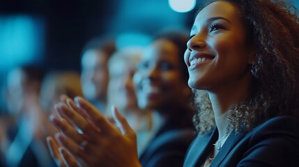 Aufkleber - Applause diversity and business people at presentation in office for corporate finance seminar or workshop Happy teamwork and group of financial advisors clapping hands for conference  : Generative AI