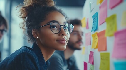 Aufkleber - Group of marketing professionals having a meeting Creative business team brainstorming with sticky notes Happy business people putting their ideas together as they plan a project : Generative AI
