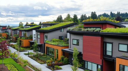 A sustainable urban housing complex with multi-textured James Hardie siding, incorporating green roofs and energy-efficient designs, emphasizing the sidinga??s role in sustainable urban development