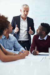Poster - Mentor, collaboration and team director planning workshop with notes, research and ideas. Brainstorming, diversity and business people for negotiation, work or presentation in meeting in office