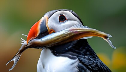 Wall Mural - Atlantic puffin showcasing vibrant beak filled with sand eels in stunning close-up