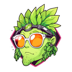 Poster - A cartoonish green face with sunglasses and a green plant on top of it