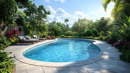 A luxurious backyard swimming pool with crystal clear turquoise water and a curved shape, surrounded by a stone patio and lush landscaping under a bright summer day.