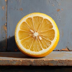 Wall Mural - A halved lemon rests on a worn wooden surface, its yellow flesh and seeds visible.