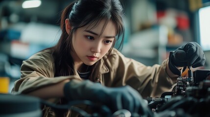 Young Woman Repairing Engine in Workshop