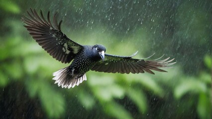 Wall Mural - a bird is flying in the rain with a green background.