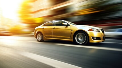 A sleek golden car speeds along a city street, the surrounding environment blurred to emphasize its motion and velocity.