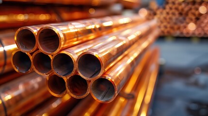 Copper Pipes Stacked in Industrial Warehouse