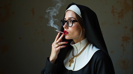 Wall Mural - a nun smoking a cigarette with a red lipstick.