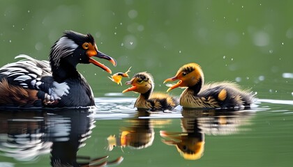 Wall Mural - Silvery Grebe Nurtures Juvenile in Tranquil Freshwater Lake