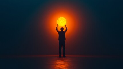 Abstract silhouette of a person holding a glowing idea sphere above their head, symbolizing creativity in leadership, isolated on background