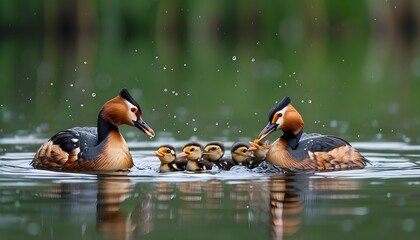 Wall Mural - Silvery Grebe Nurtures Juvenile in Tranquil Freshwater Lake